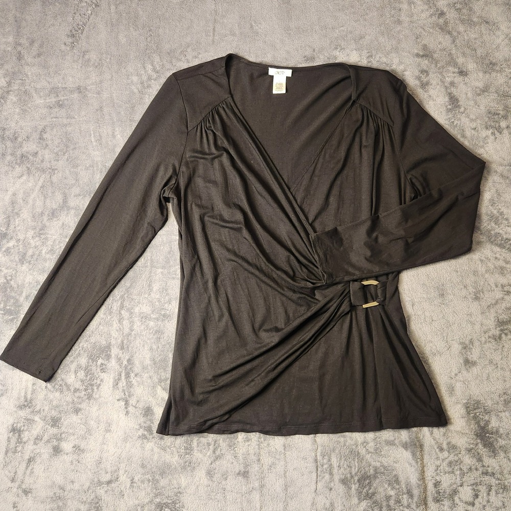 VTG Caché XL Black Faux Wrap Top Gold Buckle Y2K Office Siren V-Neck Blouse
